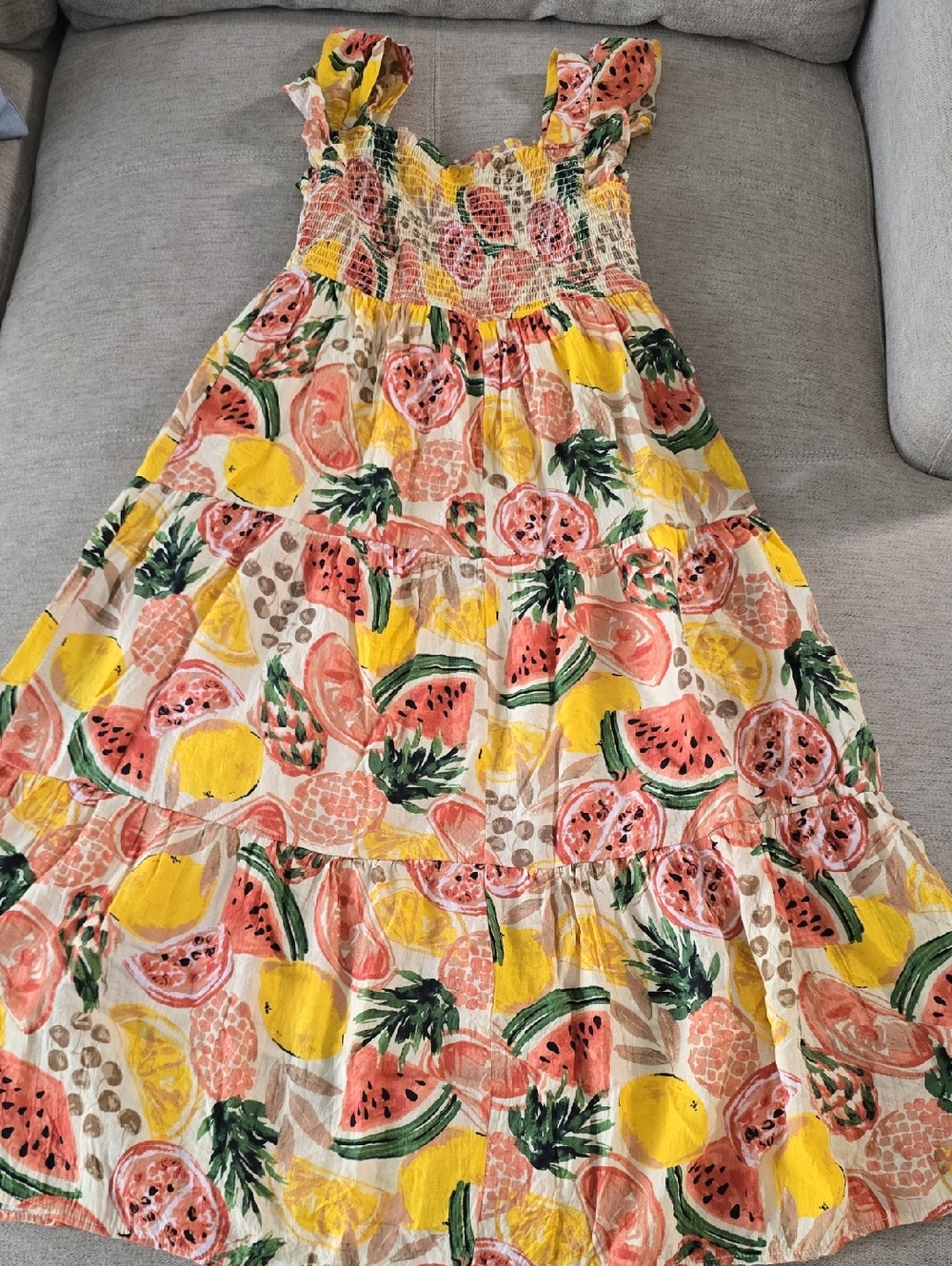 By The River Smocked Yellow & Pink Tropical Fruit Midi Dress Sz Medium - Picture 7 of 8